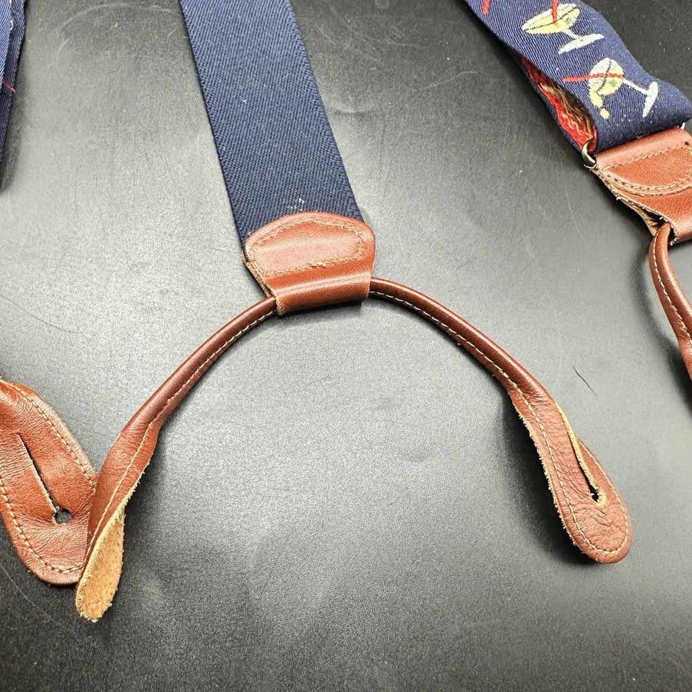 Navy Blue Ribbon Suspenders Embroidered Martini Glasses Brown Leather Closures - Picture 3 of 8